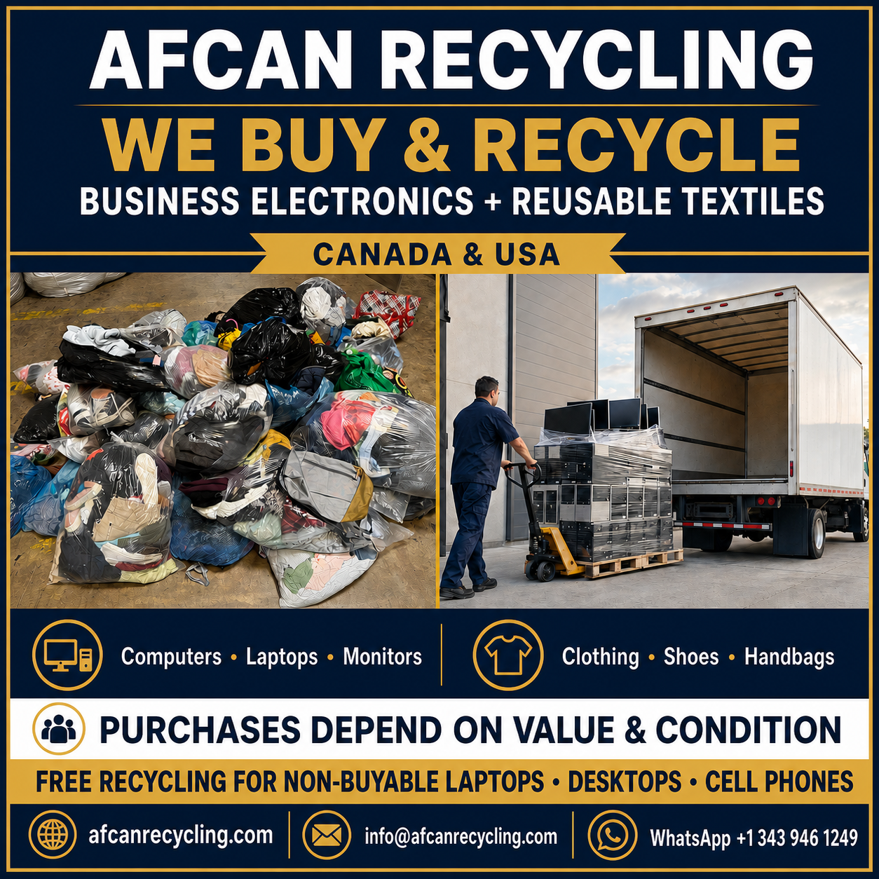 AFCAN buys and recycles business electronics and reusable textiles in Canada and the USA