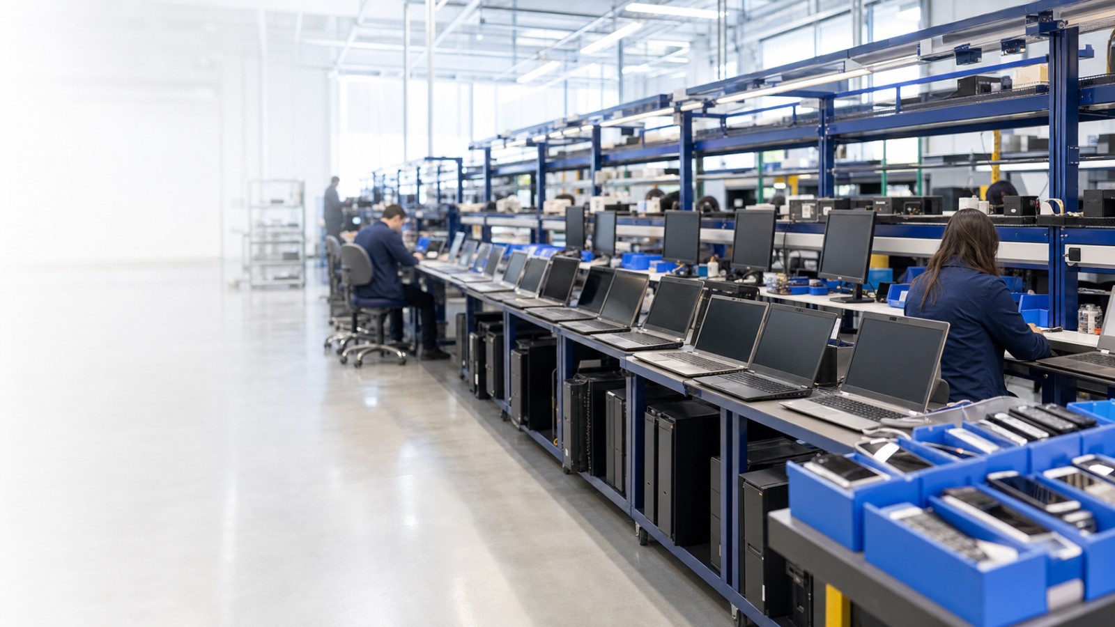 Clean organized electronics reuse warehouse with laptops, desktops, monitors and phones